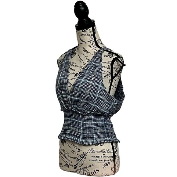 Pilcro Blue Metallic Plaid Smocked Bottom Jessie Halter Top M Beach Boho - Picture 3 of 11